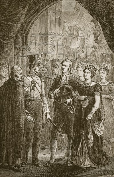 La Reina Carolina exigiendo entrar en la Abadía de Westminster, grabado por Butterworth y Heath de C.O. Murray